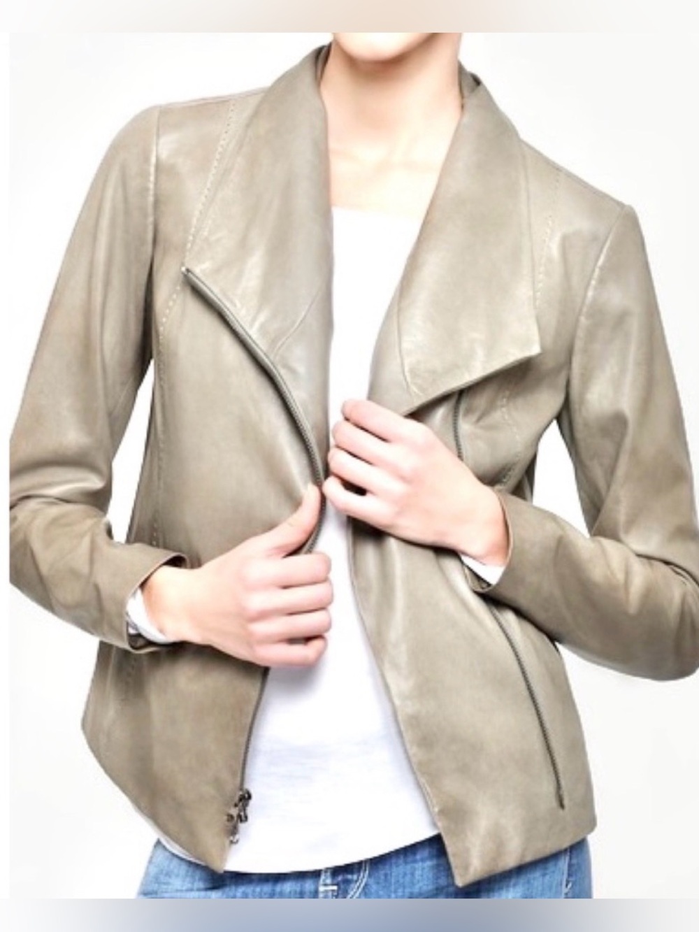 VINCE Scuba Leather Jacket in Sage - Sz S